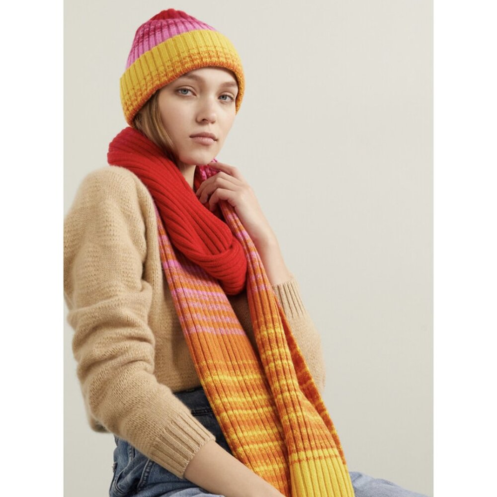 The Elder Statesman Morphe Ribbed Striped Knit Cashmere Beanie Hat Pink Colorful - Picture 1 of 9